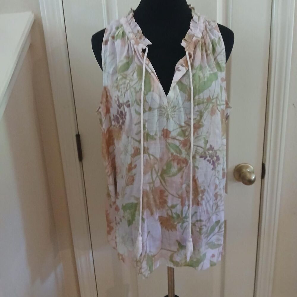 Harvé Benard Floral Ruffle V-Neck Sleeveless Blouse Tassels L Feminine Boho